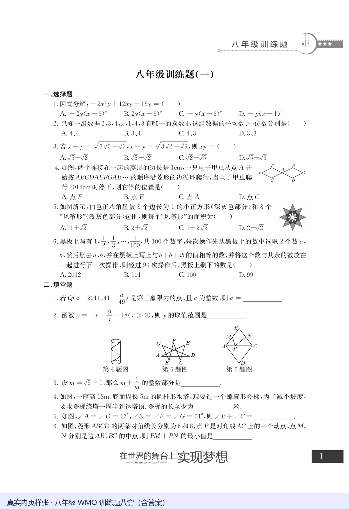 WMO八年级训练题八套真实内页,含选择题与填空题
